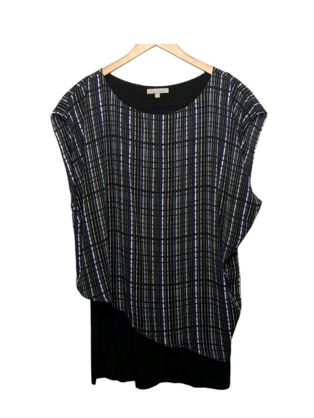 Joan Vass Black Striped Plaid Sleeveless Top Asymmetrical